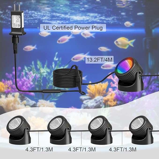 PChero Submersible LED Pond Lights with Timer, RGB Color Changing Underwater Light, IP68 Waterproof Spotlights Fountain Lights for Pool, Fish Tank, Garden, Yards, Waterfall (4 Lights)