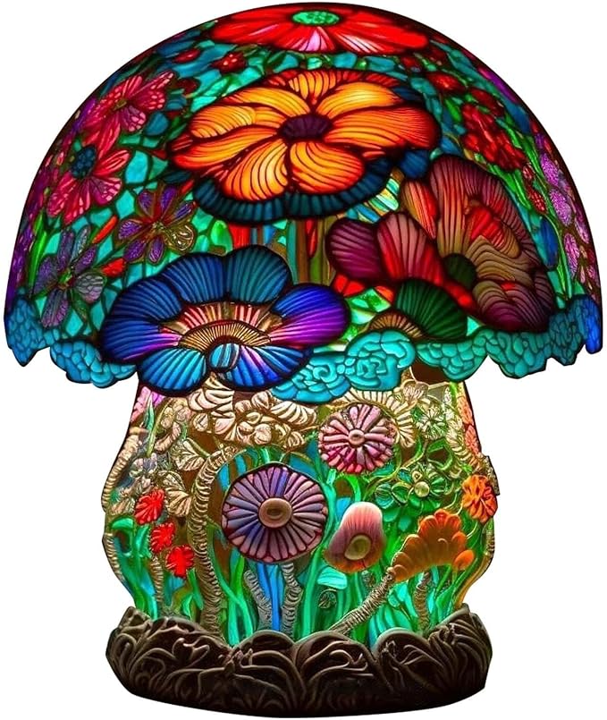Mmoneyake Stained Plant Series Table Lamp, Painting Mushroom Table Lamp, 2023 New Vintage Decorative Bedside Lamp, Mushroom Table Lamp, for Home Livingroom Bedroom Office Decorations Lamp