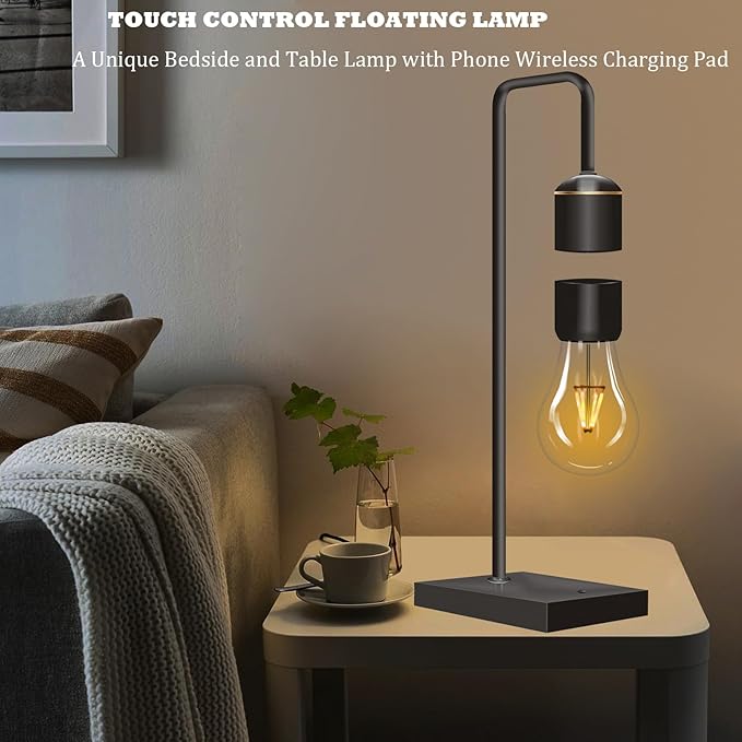 Magnetic Levitating Light Bulb Levitation Plastic Black Table Lamps Zero-Gravity Warm White LED Night Light Floating Lamp for Bedrooms Decoration Office Desk Toys Cool Festival Gifts