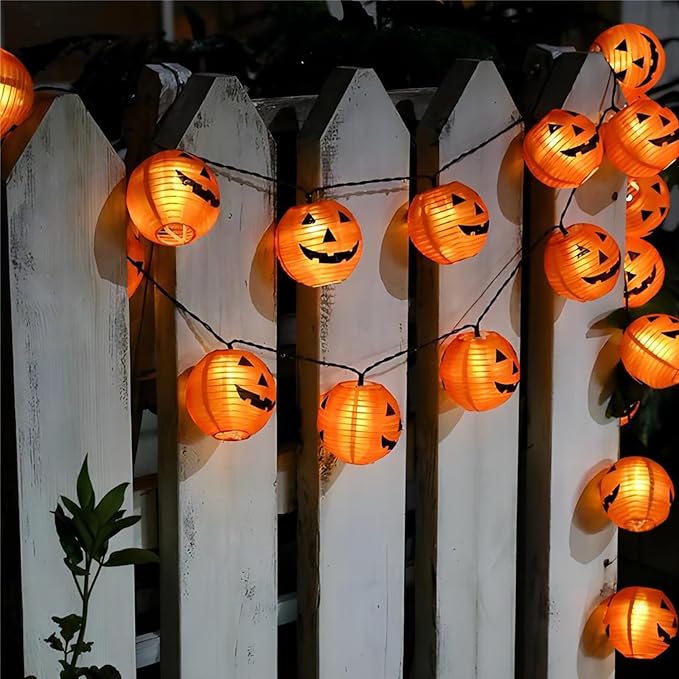 8.5FT Halloween Jack-O'-Lantern String Lights with 10 Orange Pumpkin Bulbs, Black Wire Hanging Lights for Outdoor and Indoor Halloween Party Decor