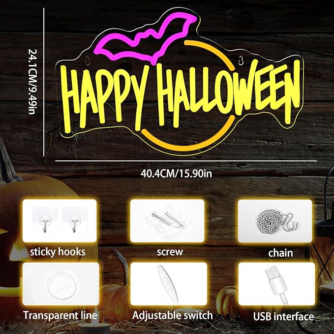 Happy Halloween Neon Sign Bat LED Light Up for Bedroom Home Bar Halloween Decor Trick or Treat Party Backdrop USB Powered