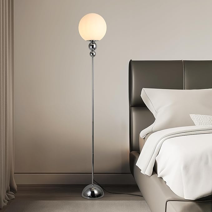 Modern Floor Lamps for Living Room, Globe Glass Shade Floor lamp for Bedroom, Standing lamp for Office, Corner(Chrome)