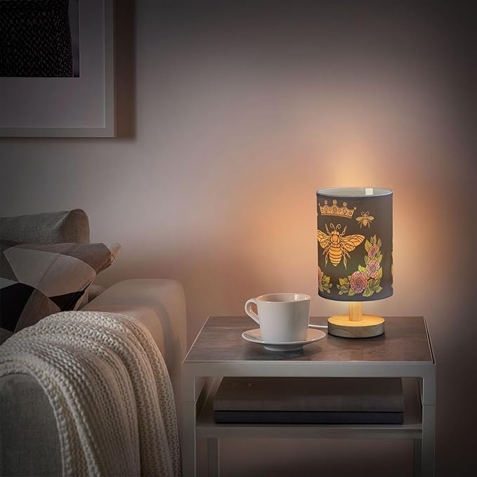 Table Lamp Honey Queen Bee Bumblebee Crown Flower Floral Wreath Nightstand Lamp with Wood Base Fabric Lamp Shade Bedside Desk Lamp for Living Room Bedroom Kids Room Office