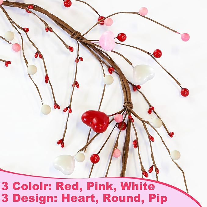 6Ft 20LED Valentines Day Decorations, Valentines Day Garland with Red & Pink Lights Timer Red Pink White Hearts Berried Artificial Lighted Valentine Garland for Home Table Mantle Wedding Decorations