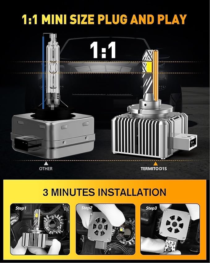 D1S Light Bulbs, 60,000LM 10X Brighter 6500K Cool White, 1:1 D1S HID Bulb size, IP68 Waterproof, 3-Minute Install, 85k Hrs Lifespan, Pack of 2