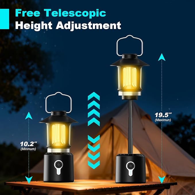 Telescopic LED Camping Lantern, 8000mAh Battery Powered Vintage Camping Lights, 3 Light Modes, Stepless Dimming Tent Lights, Portable Emergency Light for Power Outages, Outdoor Work, Hurricane, Hiking