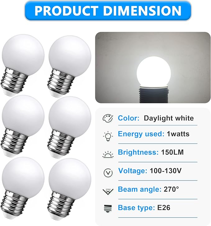 Flaspar LED Night Light Bulb, Globe Small LED Light Bulbs 15W Equivalent, E26 Medium Screw Base Bathroom Vanity Porch Outdoor String Light Bulbs 6 Pack, Cool White, 6Pack