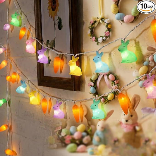 Easter Bunny Carrot String Lights, 8.5ft 10 Count Connectable Plug in Rabbit Light, UL Certified Multicolor Decor for Kids Bedroom Easter Tree Window Spring Holiday