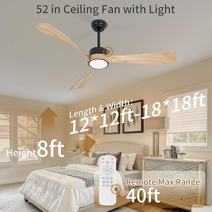 Ceiling Fan with Lights,52 Inch Wood Ceiling Fans with Remote Control,Dimmable Light,3 CCT,6 Speeds,Noiseless DC Motor,2 downrod,Ceiling Fan for Bedroom,Living Room,Office,Indoor,Natural Wood Grain