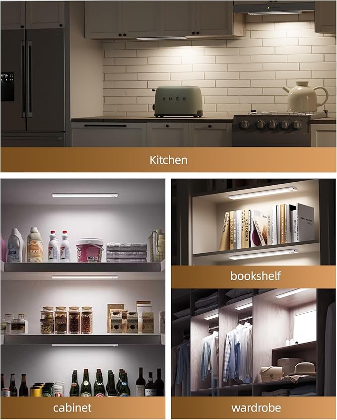 2Pack 16inch Under Cabinet Lighting, Rechargeable Motion Sensor Light Indoor, Dimmable 3 Color Temps Closet Lights with IR Remote, Under Counter LED Lights for Kitchen, Stairs