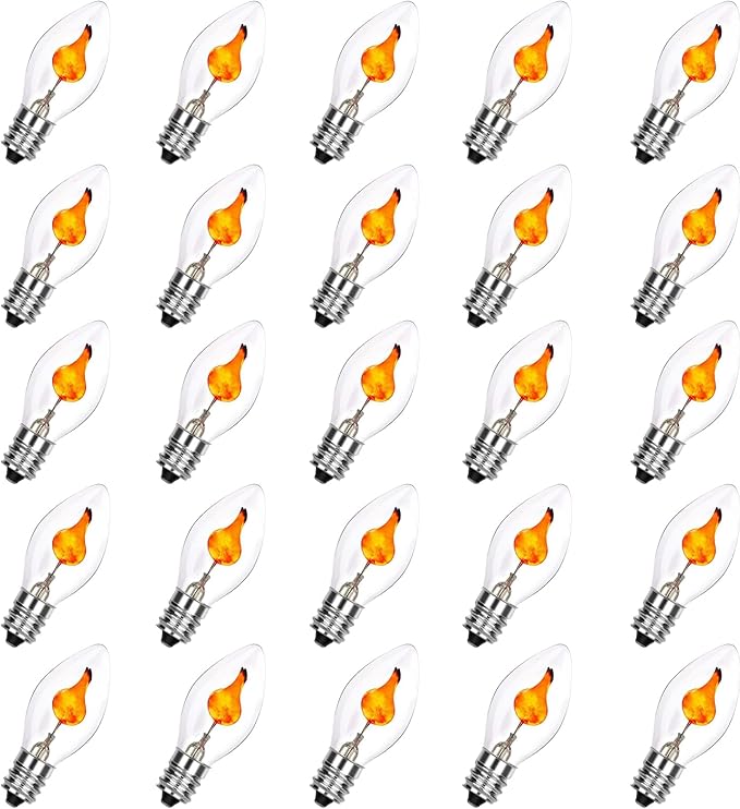 25 Pack C7 Christmas Flickering Flame Light Bulbs, 1W Clear Flicker Flame Candles Light Bulbs, E12 Candelabra Replacement Light Bulb for Christmas Electric Window Candles Chandelier Night Light