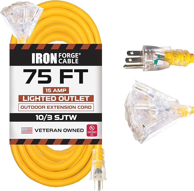 Iron Forge Cable 10 Gauge 75ft Lighted Outdoor Heavy Duty Extension Cord with 3 Outlets - 15 Amp 10/3 SJTW Yellow Extension Cord with Multiple Outlets