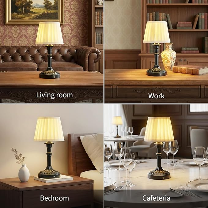 Portables Cordless Table Lamp Set of 2, Fabric Shade Des Lamps,5200mAh Battery Operated,3 Color Stepless Dimming Up,for Restaurant, Bedroom, Camping, Bar, Coffee Shop, (Black)