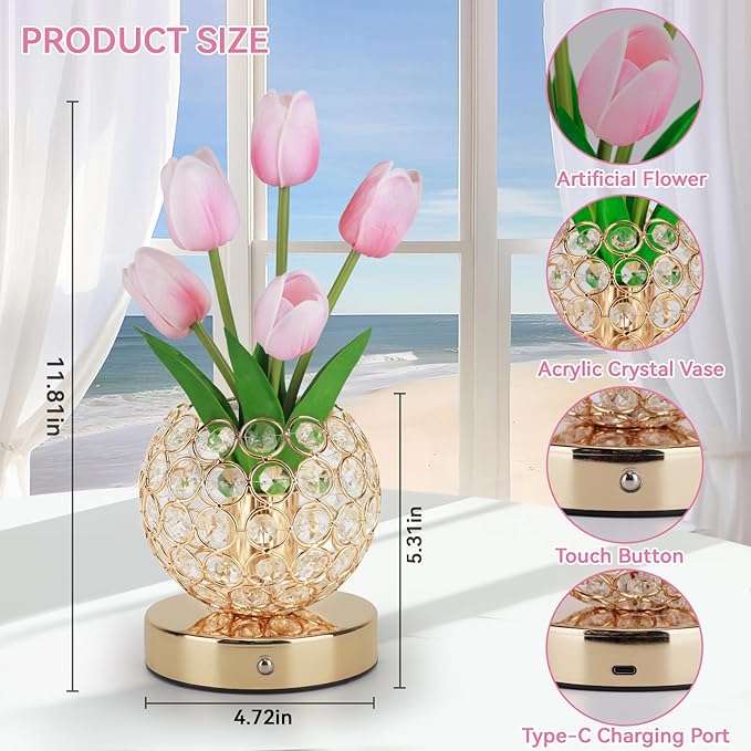 Tulip Table Lamp, Rechargeable Cordless Crystal Night Light, 3 Colors Touch Stepless Dimming Artificial Flower Light, LED Flower Bedside Lamp Romantic Gifts for Girl Women Mom (Tulip2 - Pink)