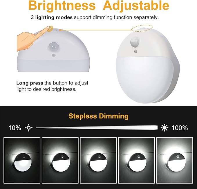 2 Pack Battery Night Light, Toilet Lights, 2.6" Small Motion Senor Light, Stick on Lights, 3 Light Modes, Dimmable LED Nightlight for Closet, Stairs, Garage, Cabinet, Toliet, Daylight White