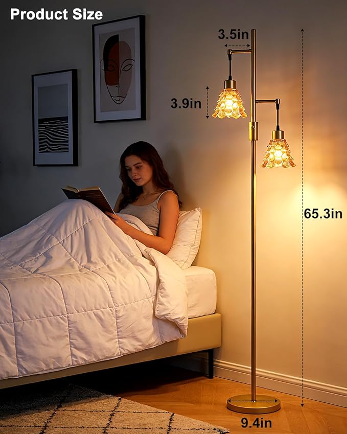 2-Light Glass Floor Lamp, Gold Tall Standing Lamps Dimmable with Brown Glass Lampshade, 3000K Warmwhite Mid Century Modern Floor Lamp for Living Room/Bedroom/Sofa Beside/Home Decor