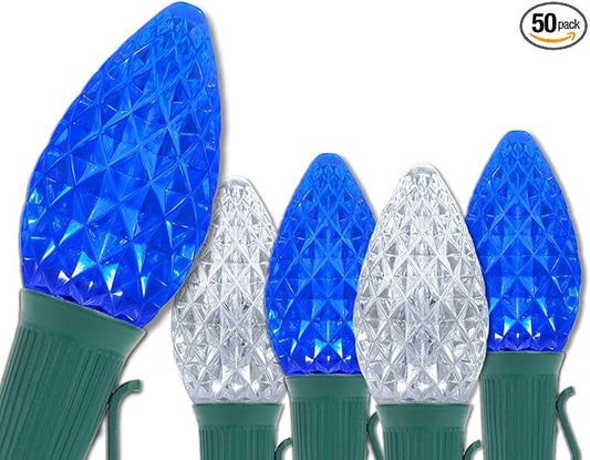 Set of 50 C7 Blue and White OptiCore Commercial Christmas Lights - Cool White and Blue Outdoor LED Bulbs on Heavy Duty 18 Gauge Green Wire (50 ft)
