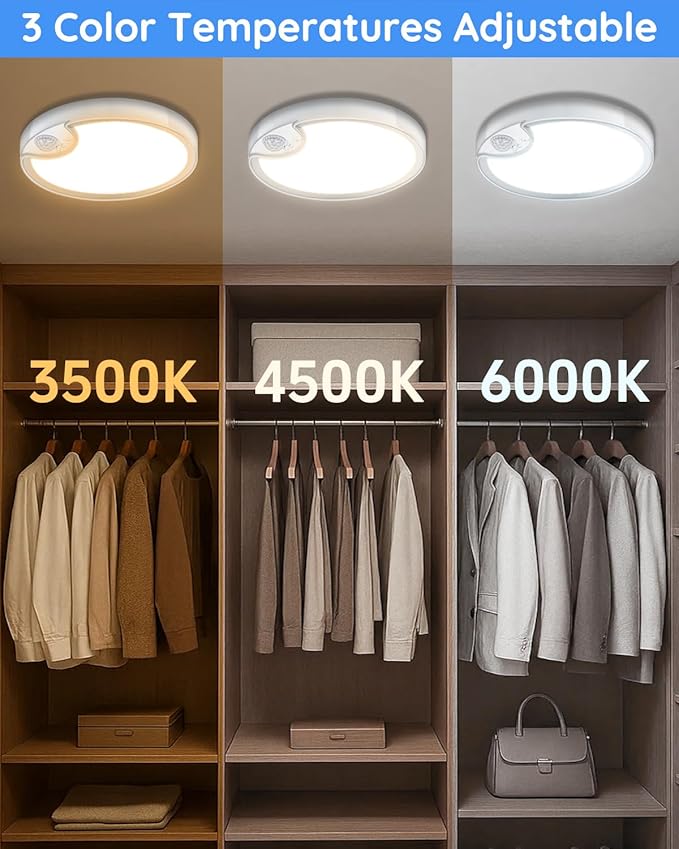 TOOWELL Rechargeable Motion Sensor Ceiling Light: Battery Operated Shower Light Waterproof, Wireless Closet Lights Indoor, Motion Sensor Lights for Closet Shower Bathroom Porch 500LM, 2 Pack