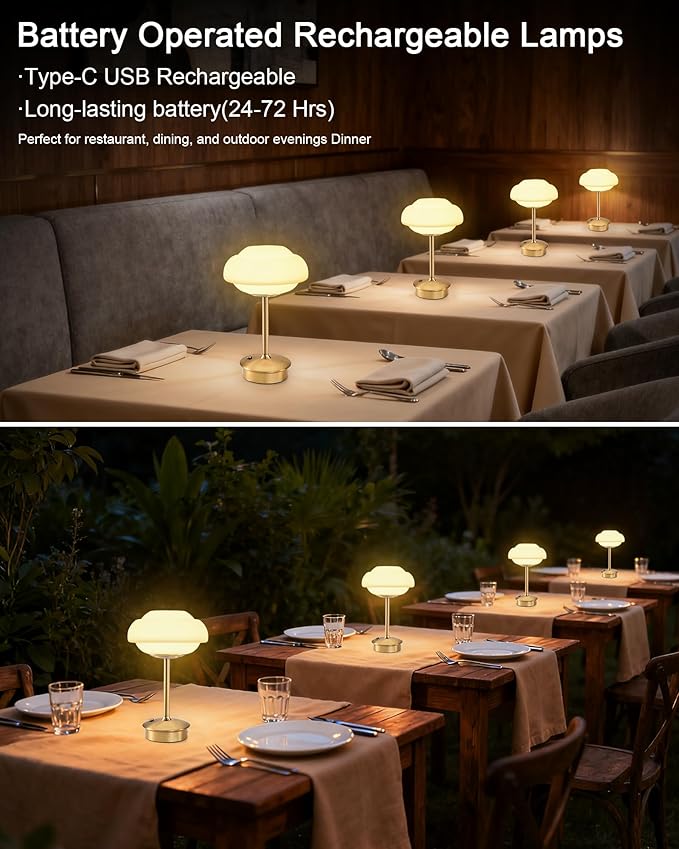9" Mini Cordless Table Lamp with Cloud-Shaped, Small Rechargeable Battery Operated Lamps, 3-Way Touch Dimmer, Portable Brass Bedside Night Light for Restaurant Dining Kitchen Bathroom Patio Side Table
