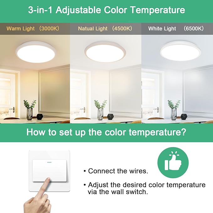 DELIPOP 2 Pack 12 Inch Ceiling Light, 24W Dimmable & 3000K-4500K-6000K 3 Color Selectable Ceiling Light for Indoor/Outdoor, Round Light Fixture for Bathroom, Bedroom, Kitchen, Hallway, Balcony