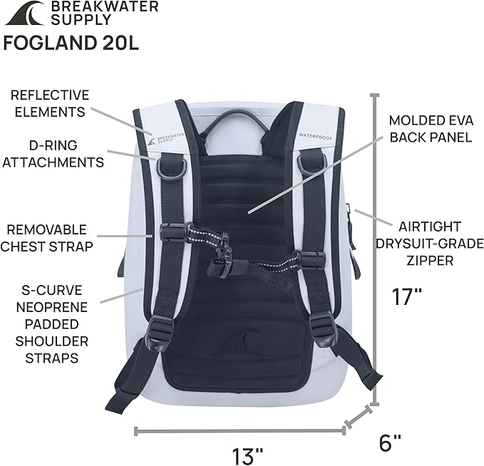 Breakwater Supply™ Waterproof IP68 Submersible Backpack with Airtight Zippers | Laptop Travel Outdoors | Fogland 25L 20L 15L | 100% Waterproof, Submersible, Airtight Zippers, Travel Outdoors