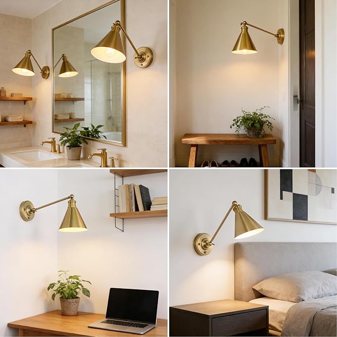 Industrial Vintage Slope Pole Wall Mount Single Sconce with Funnel Flared Metal Shade, Swing Arm Wall Sconce Light Lamp Fixture Hardwired