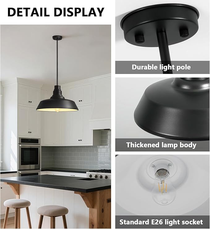 Large 18" Black Farmhouse Pendant Barn Light, Industrial Style Dome Chandelier for Kitchen Island, Dining Room, Living Room, Hallway, Large Vintage Ceiling Light for Indoor Spaces