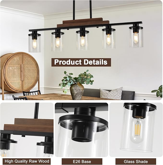 5-Light Dining Room Light Fixture Over Table, Farmhouse Kitchen Island Lighting, Linear Chandelier with Clear Glass Shades, Modern Rustic Wood Chandelier with Adjustable Height