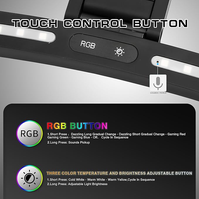 Curved Monitor Light Bar with RGB Backlight,3 Color Temperatures & Stepless Dimming,Music Sync LED Screenbar with Touch Control Button for Over Computer Screen