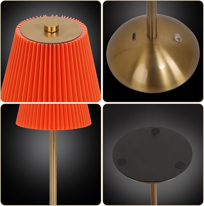 Cordless LED Red Orange Table Lamp with Dimmer, Built-in Rechargeable Battery, 3-Level Brightness, Patio Table Lamp, Bedside Night Lamp, Ambient Light for Restaurant, Antique Brass (Orange)
