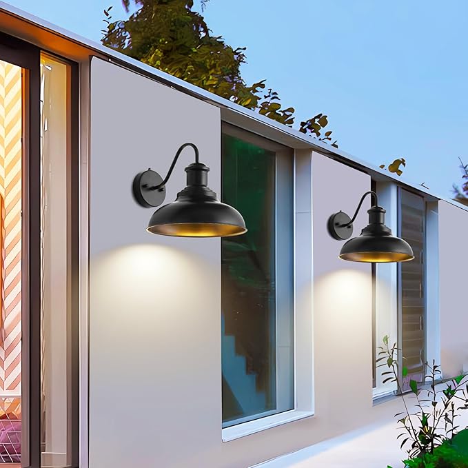 Dusk to Dawn Outdoor Wall Light Fixtures,12" Black Barn Wall Light with Gooseneck, Farmhouse Exterior Waterproof Wall sconces with Dome Shade for House Porch, Garage,Patio, 1Pack