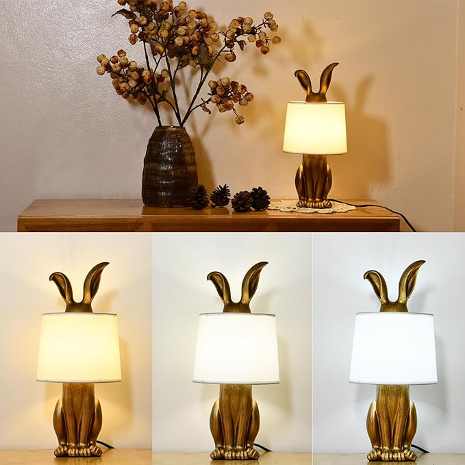 Bunny Table Lamp, Cute Animal Rabbit Lamp,Bunny Lamps,15.7" Vintage LED Desk Light with Linen Lampshade,Gold Main Part Beside Lamp for Bedroom, Study Room, Office, Nursery, Home Decor (Linen White)