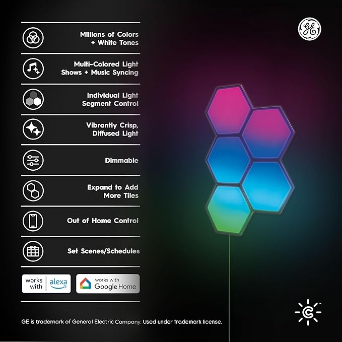 Cync GE Dynamic Effects Indoor Hexagon WiFi Smart LED Color Changing Lights, Wall Light Panels for Room Décor, Gaming Setup, Music Sync LED Wall Art, Works with Alexa and Google, 5 Panels