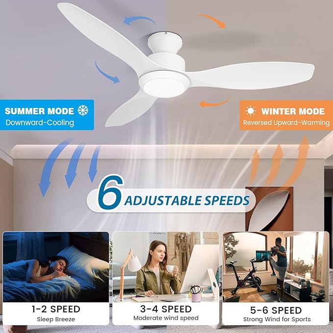 48" Ceiling Fan with Light amd Remote, White Flush Mount Ceiling Fan with 3 Blades,3 Color Light, 6 Speed, Queit DC Motor, for Bedroom/Outdoor/Patios, White