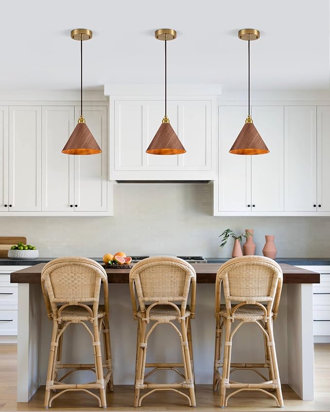 3 Pack Pendant Lights Kitchen Island, 8.3” Small Wood Pendant Light, Adjustable Height Hanging Light Fixtures, Kitchen Island Lights for Dining Room, Bedroom, Hallway, Bar (Walnut)