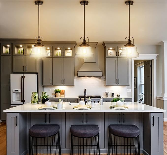 Industrial Black Pendant Light Milk White Glass Schoolhouse Hanging Light Fixture, E26 Dimmable Light for Kitchen Bar Dining Bathroom Bedroom