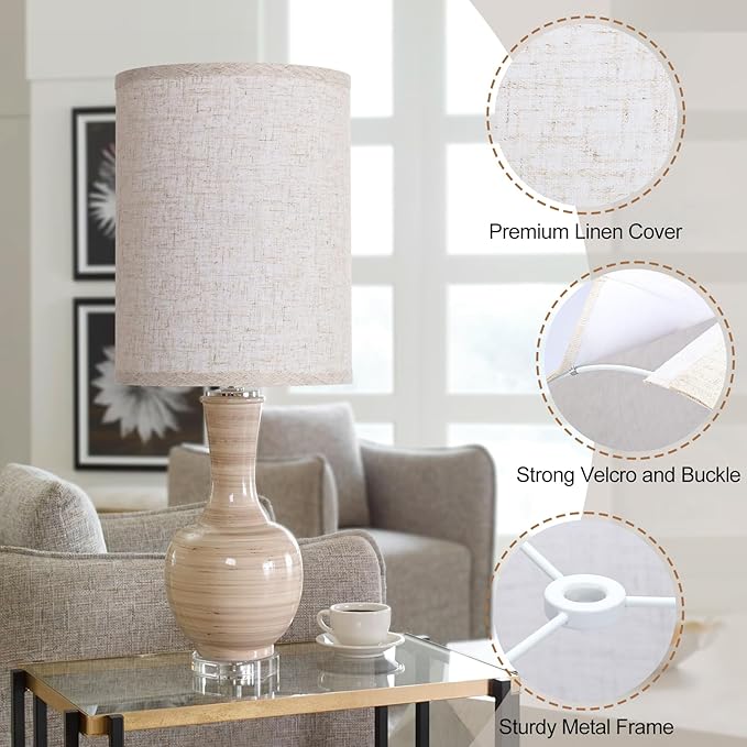 Tall Drum Lamp Shades Set of 2, 10"Top x10" Bottom x 13"High, Beige Lampshade for Table Lamp Floor Lamp, Replacement Lampshades Natural Linen Handcrafted, Spider, Harp Holders Included, Easy Assembly