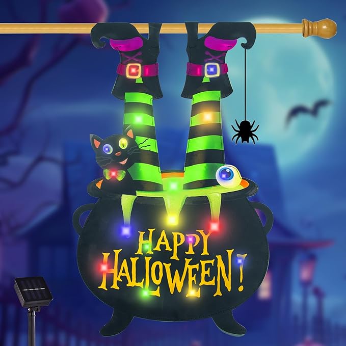 Halloween Lighted Garden Flag for Outside, Led Solar Yard Flag 8 Modes Witch Feet Shape Flag, 28x41 Double Sided Cauldron Eyeball Black Cat Decorations for Home Porch