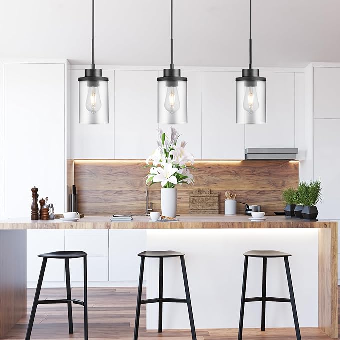 Modern Black Farmhouse Clear Glass Cylinder Pendant Light Fixture,Ceiling Hanging Metal Industrial Mini Pendant Lighting for Kitchen Island Dining Table Bedroom Hallway Foyer…