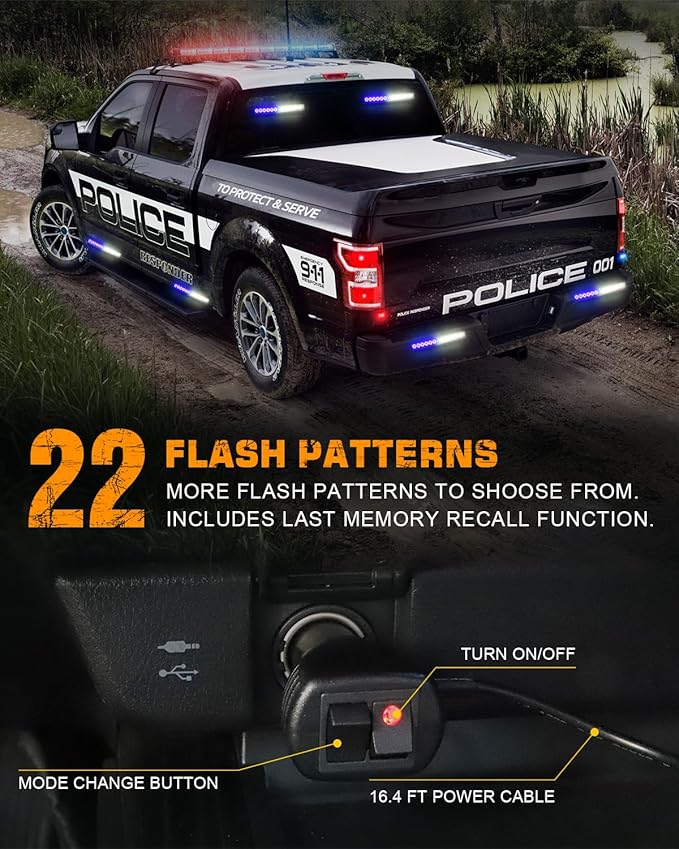 XRIDONSEN 2x 10.7 inch Blue White Emergency Lights 24 LED Warning Flashing Safety Side Window Front/Rear Windshield Strobe Lights Grill Surface Mount for Police Firefighter Ambulance Vehicles Trucks