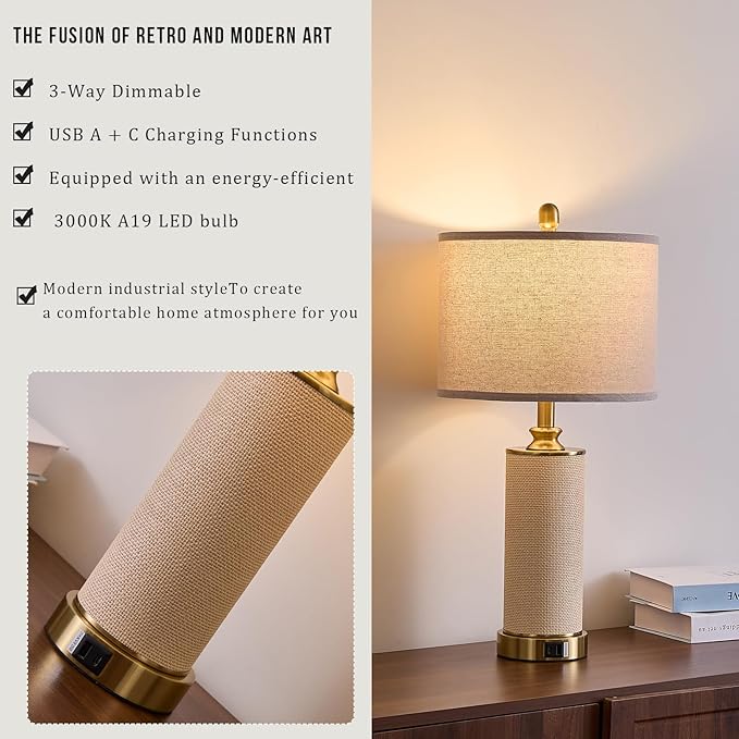 Gold Boho Farmhouse Rattan Table Lamps set of 2, Touch Control desk Lamps, 3 Way Dimmable Grass Rope Large BedsideTable Lamp with Usb A+C for Living Room/Bedroom/Office(2 LED Bulbs Included)