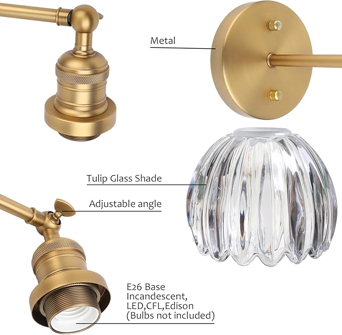 Pathson Adjustable Wall Sconce Lamp with Tulip Thick Glass, Hardwired Bathroom Sconce Brass Gold Wall Vanity Light Fixture for Living Room Farmhouse Bedside Lighting