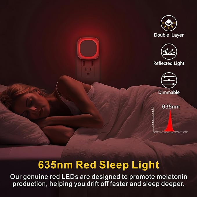 4 Pack Plug in Red Sleep Night Light, Auto Dusk to Dawn, Soft Glow, Dimmable Diffused Light, LED Lights for Bedroom, Sleep, Baby Nursery, Kids, Toddler, Bathroom, Hallway, Home Decor