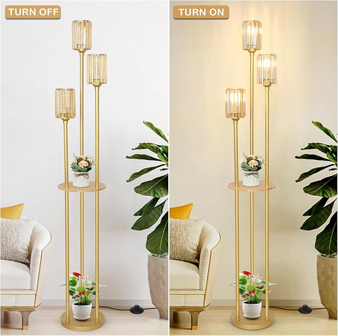 HMVPL Gold Standing Lamp with Shelf, Vintage Floor Lamp for Living Room, Retro Floor Lamp with Table, Mid Century Tall Lamp with Amber Crystal Shade, On/Off Switch, Brass Boho Corner Lamp for Bedroom