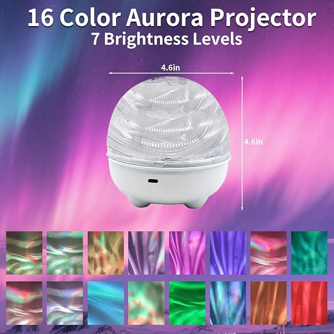 Aurora Light Projector, 2400mah Galaxy Projector for Bedroom, 16 Light Color Aurora Night Light with Touch & Remote, Dimmable Mood Lighting Ocean Lamp for Playroom Kids Teen Girl Gift