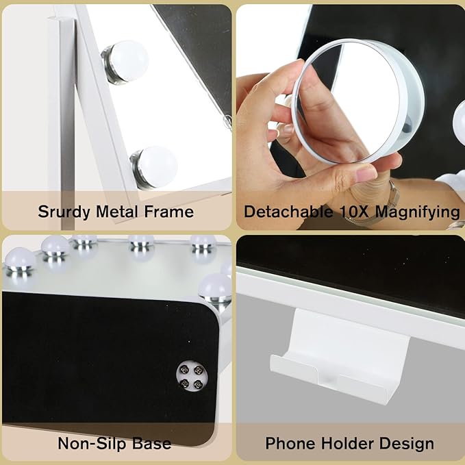 Vanity Mirror with Lights, Hollywood Lighted Makeup Mirror with Phone Holder, Smart Touch Control, 3 Color Lighting Modes, Detachable 10X Magnification, 360°Rotation(White)