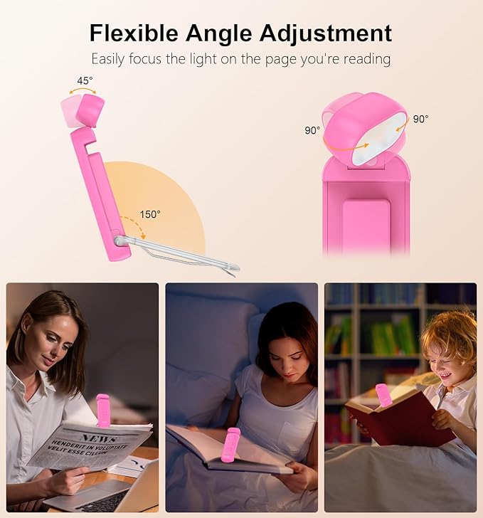 Gritin Reading Light,Book Light for Reading in Bed-Eye Caring 3 Colors, 5-Level Dimmable Brightness,Long Lasting, Compact Size Rechargeable Clip on Book Reading Light for Book Lovers-Rose
