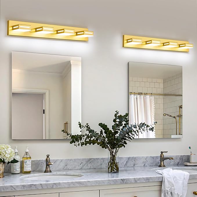 30-Inch 4-Light LED Modern Gold Bathroom Vanity Light Fixtures Over Mirror, Bathroom Lighting Fixtures with Cool White 6000K, Vanity Wall Lights for Bath Restroom Powder Room
