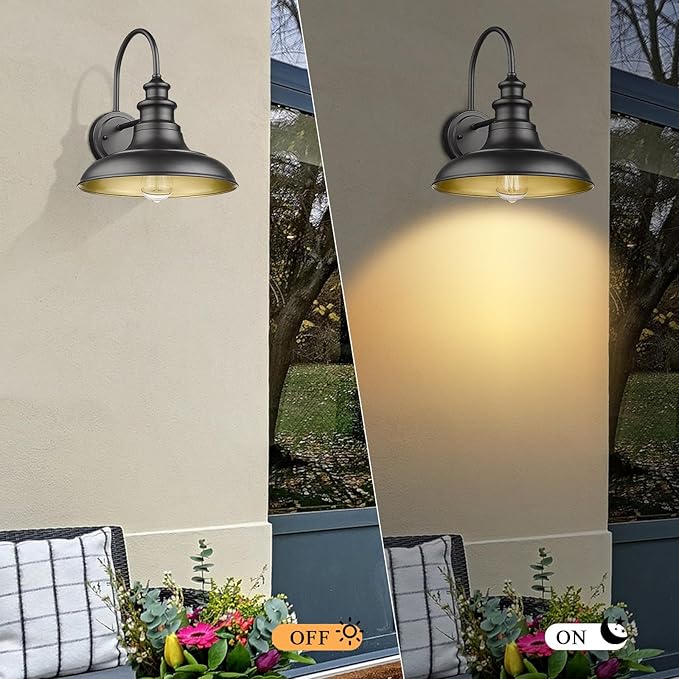 Outdoor Barn Light Fixture, 12.3 Inch Large Dome Farmhouse Wall Mount Light Gooseneck Wall Sconce Exterior Wall Lighting Fixture Industrial Black Finish Lantern for Porch with Gold Interior, 1pack