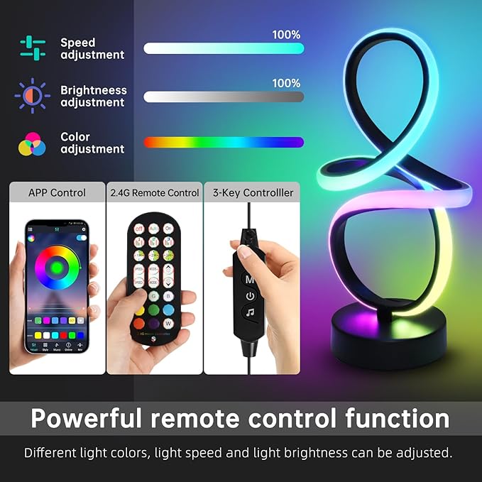 Modern RGB Table Lamps, Multicolor Changing Spiral Bedside Lamp with Remote&APP, Cool Table Lamp, Dimmable LED Nightstand Lamp with Music Rhythm Modes for Bedroom, Living Room, Black(2 Pack)